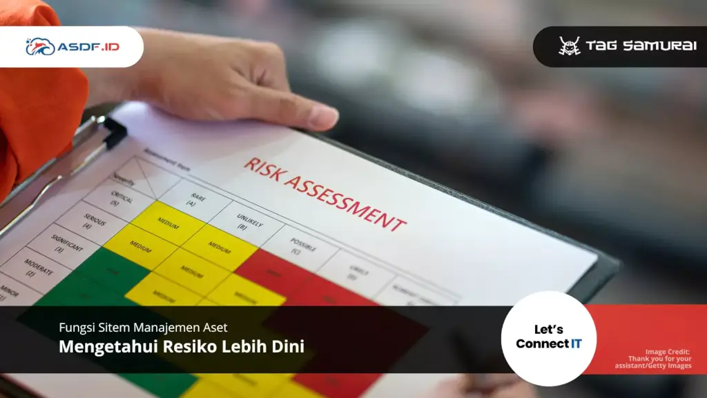 Papan klip dengan berkas asesmen risiko untuk ilustrasi topik fungsi aplikasi asset management system yang dapat memprediksi risiko.